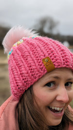 Load image into Gallery viewer, Marshmallow and Pink Ribbed Beanie
