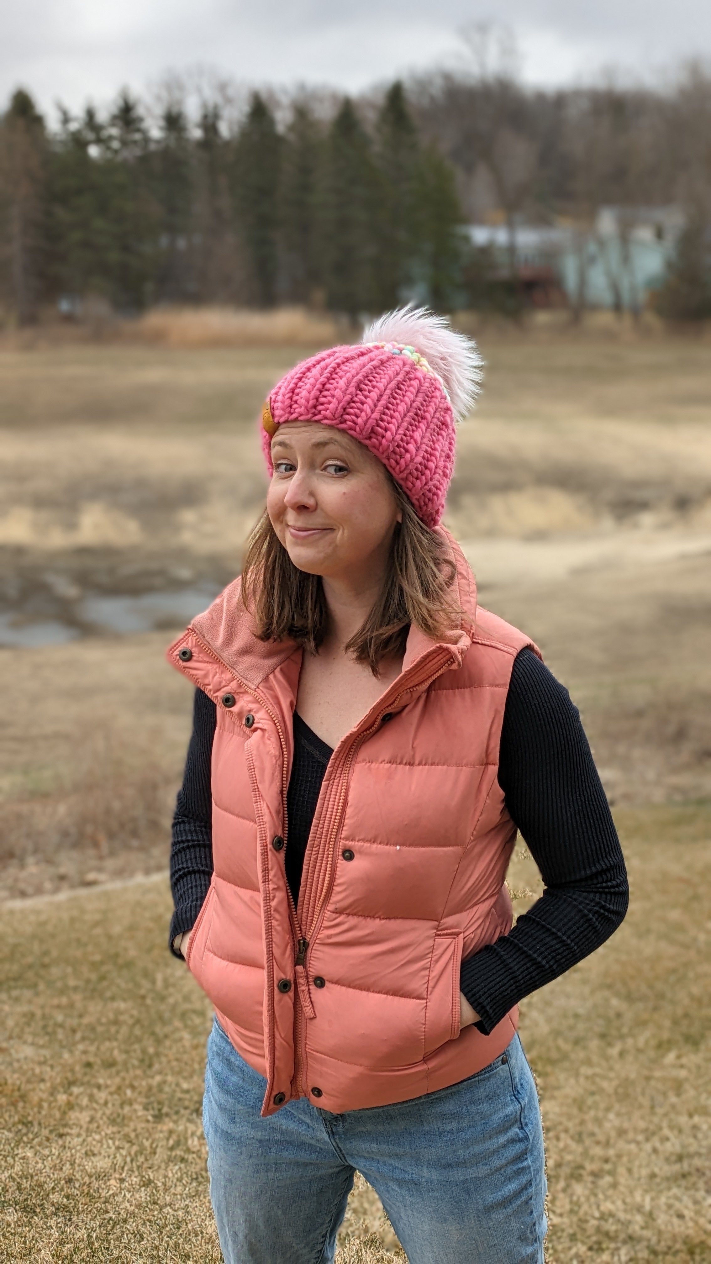 Marshmallow and Pink Ribbed Beanie