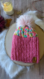 Load image into Gallery viewer, Marshmallow and Pink Ribbed Beanie
