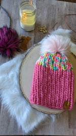 Load image into Gallery viewer, Marshmallow and Pink Ribbed Beanie
