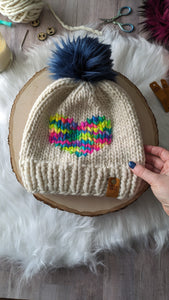 Cream Beanie with Rainbow Heart