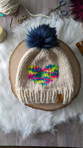 Cream Beanie with Rainbow Heart